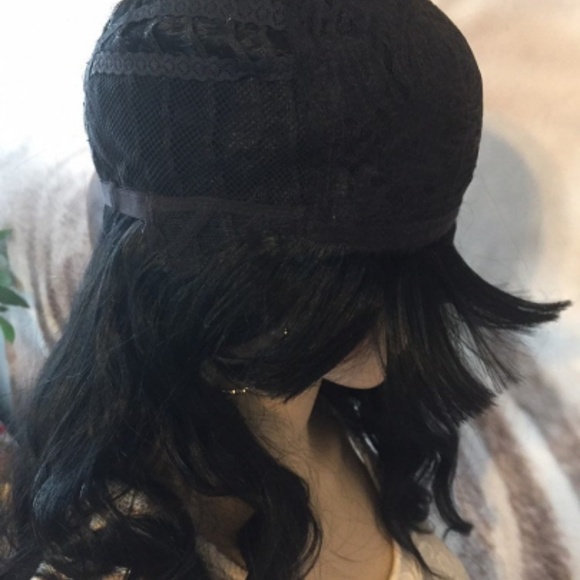 Black Wig with Bangs wavy heat ok and human mix.